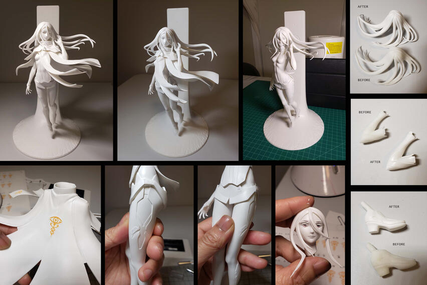 Build process: test assembly and sanding. When the pieces are fresh out of the printer they are quite rough and require many rounds of sanding in preparation for painting.