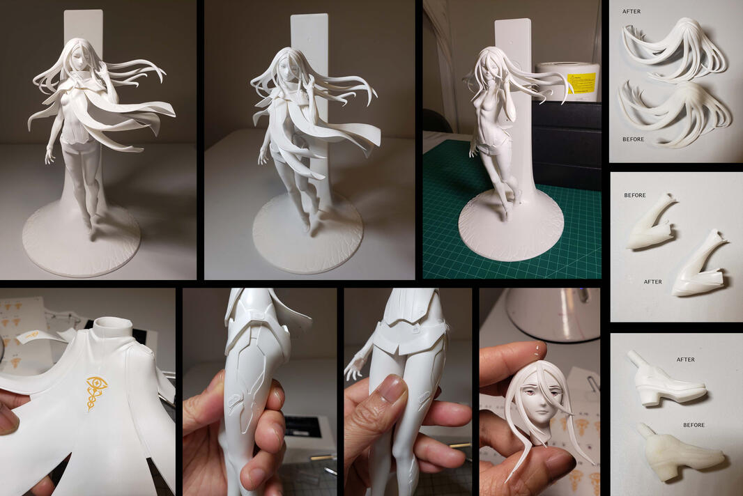 Build process: test assembly and sanding. When the pieces are fresh out of the printer they are quite rough and require many rounds of sanding in preparation for painting.