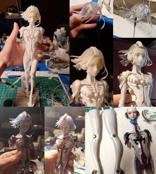 Build process photos of sanding and test assembly stages. The figure consists of roughly 32 individual parts which I also cut and keyed in Blender before printing.